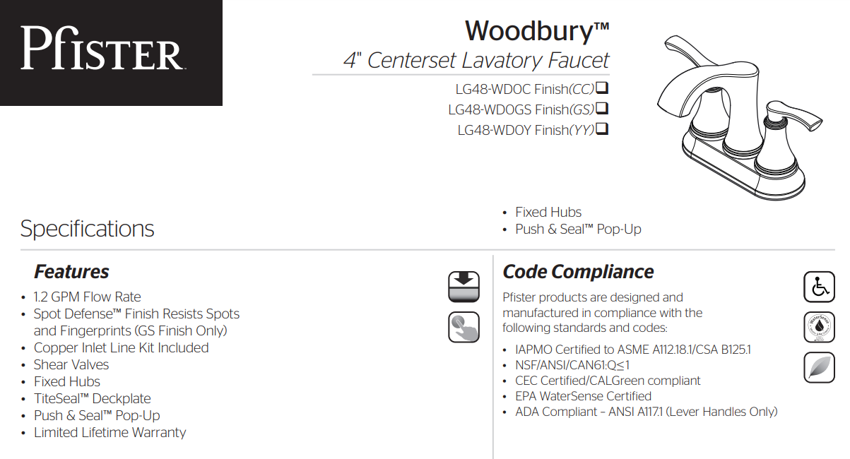 Pfister LG48-WD0 Woodbury 2-Handle 4" Centerset Bathroom Faucet