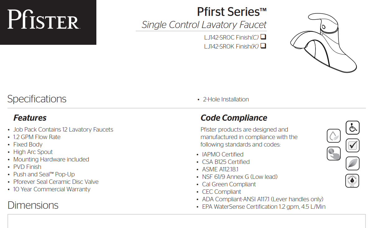 Pfister LJ142SR0K Single Handle Bathroom Faucet, Brushed Nickel, Specs Sheet
