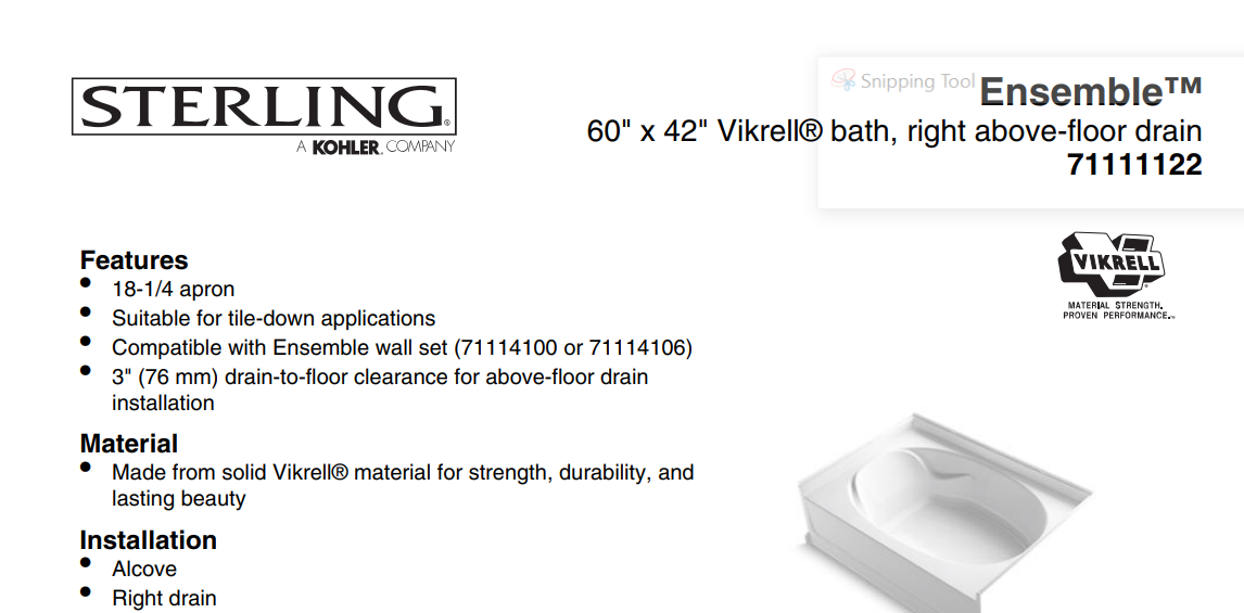 Sterling 71111122-0 Ensemble 60 x 43.5Inch Vikrell Soaking Bathtub, Right Hand, White, Specs Sheet