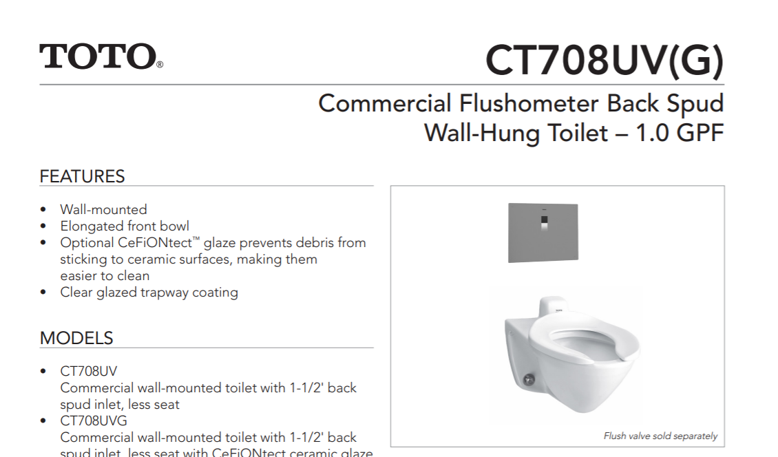 Toto CT708UV#01 Specs Sheet