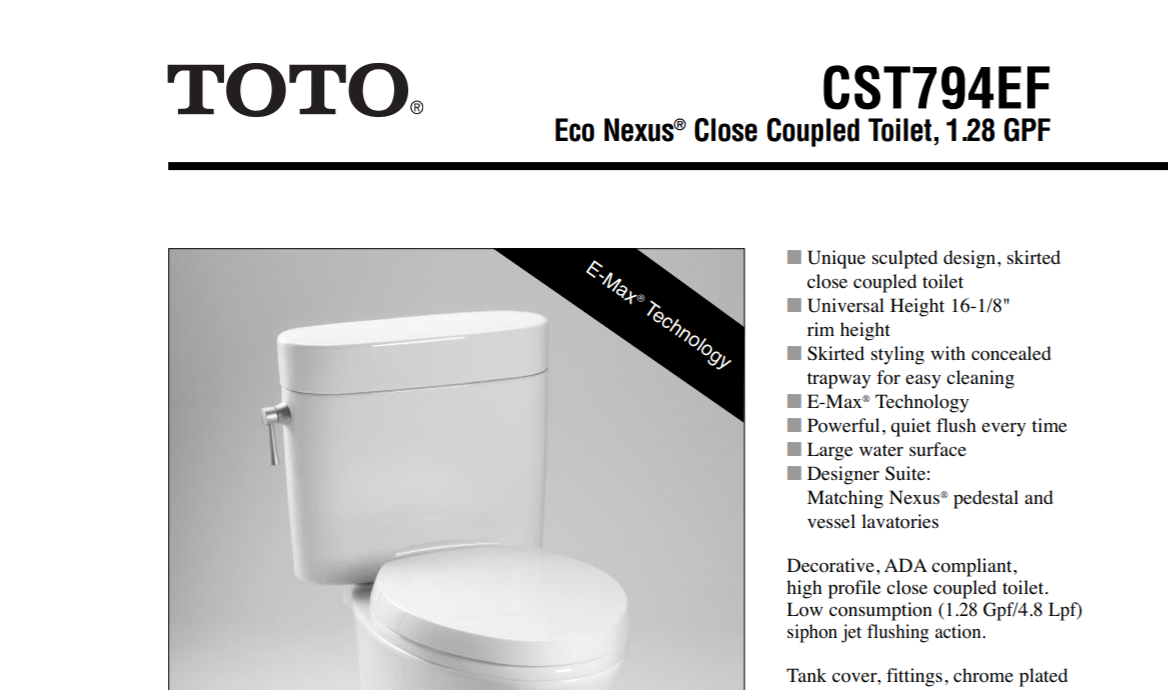 Toto CT794EF#12 Specs Sheet