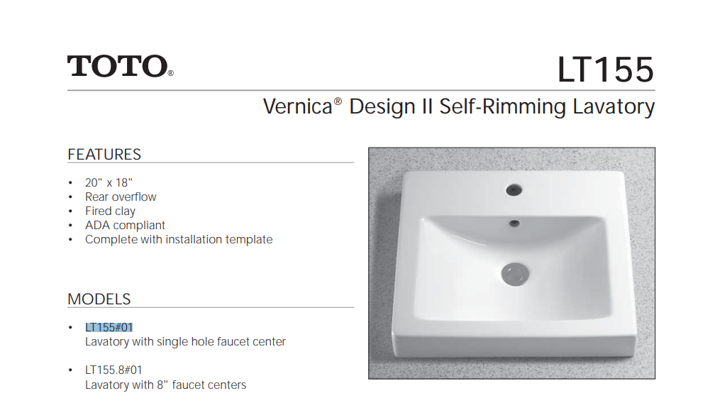 TOTO LT155#01 Vernica 20 Self-Rimming Rectangular Lavatory, with Single Faucet Hole Drilled and Overflow, Cotton Spec Sheet