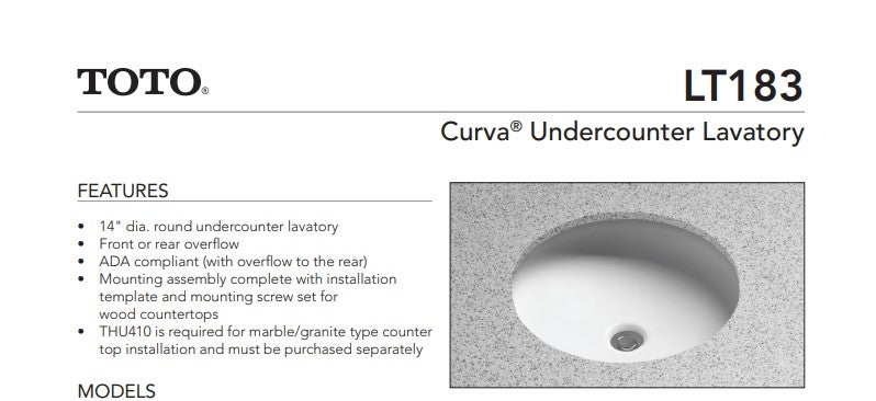 TOTO LT183#01 Curva Undercounter Lavatory Bathroom Sink, Cotton White Specs Sheet