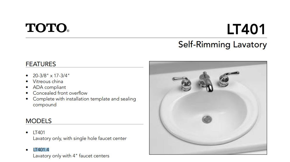 TOTO LT401.4#01 4-Inch Mount, Self Rimming Vitreous China, Self-Rimming Bathroom Sink & Overflow, Cotton Spec Sheet
