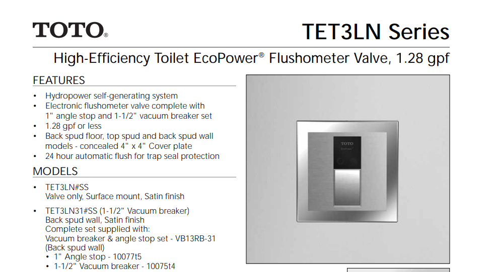 TOTO TET3LN#SS EcoPower Sensor High Efficiency Toilet Flush Valve, Spec Sheet.pdf