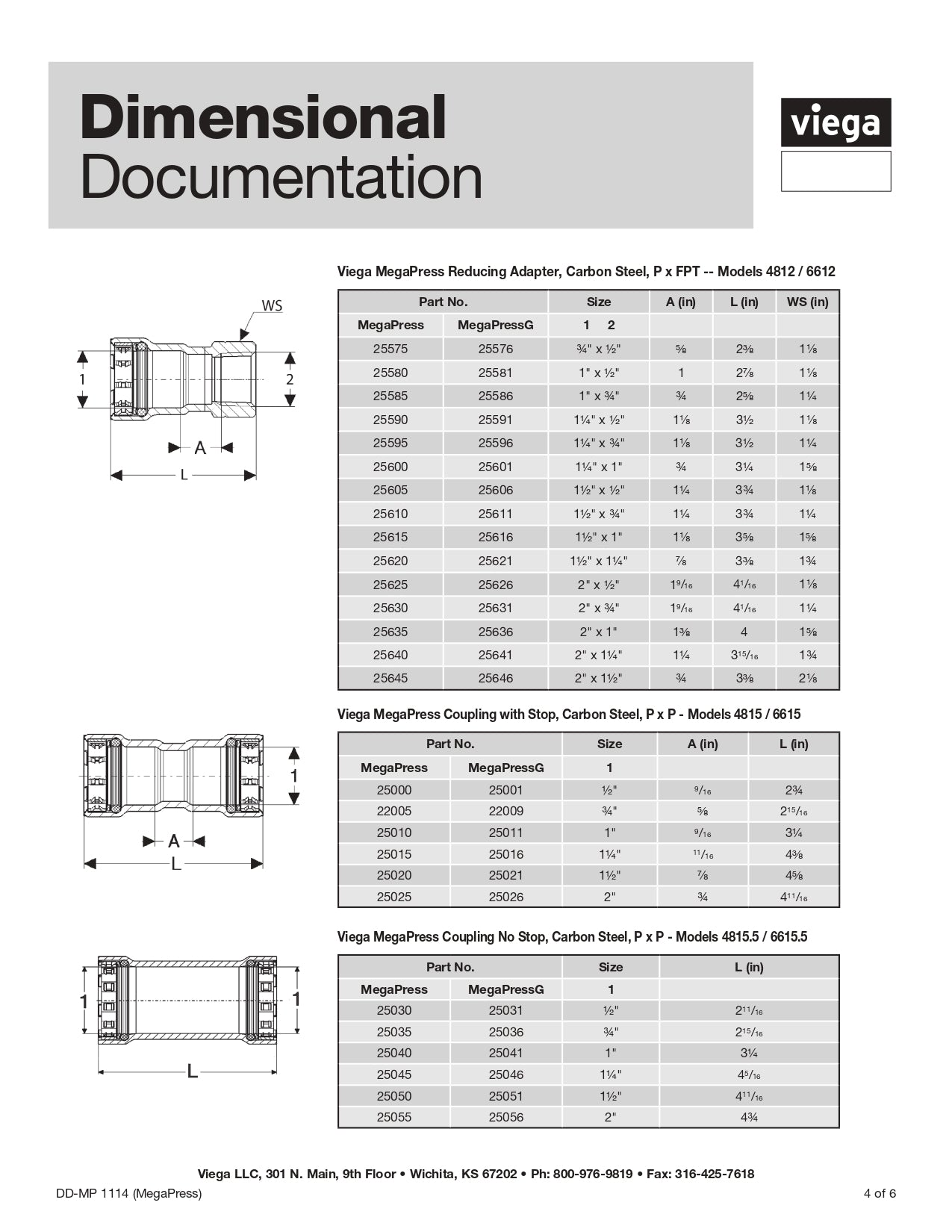 Viega 25026 MegaPressG 2 Inch Coupling with Stop, Carbon steel, Specs Sheet