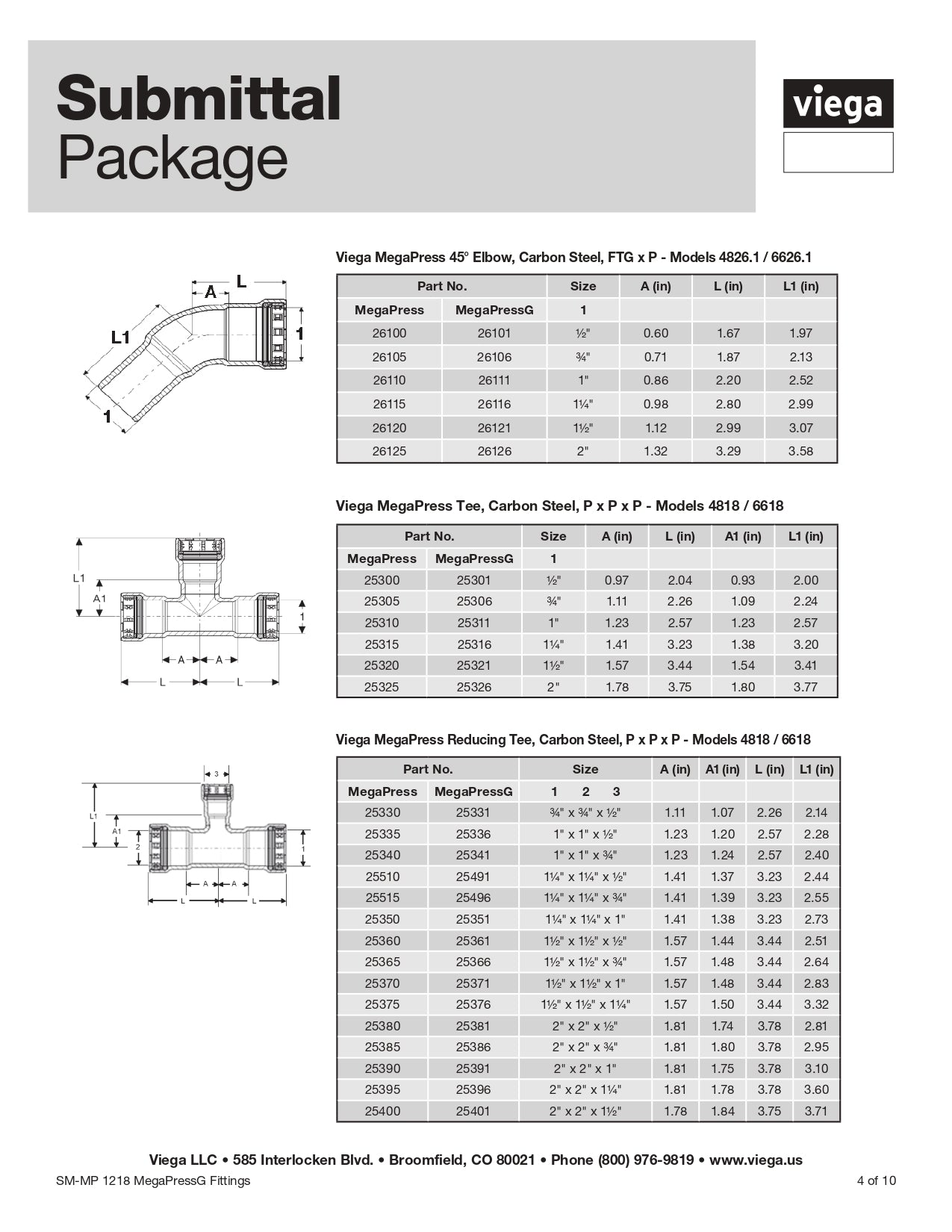 Viega 25491 MegaPressG Carbon Steel Tee Specs Sheet