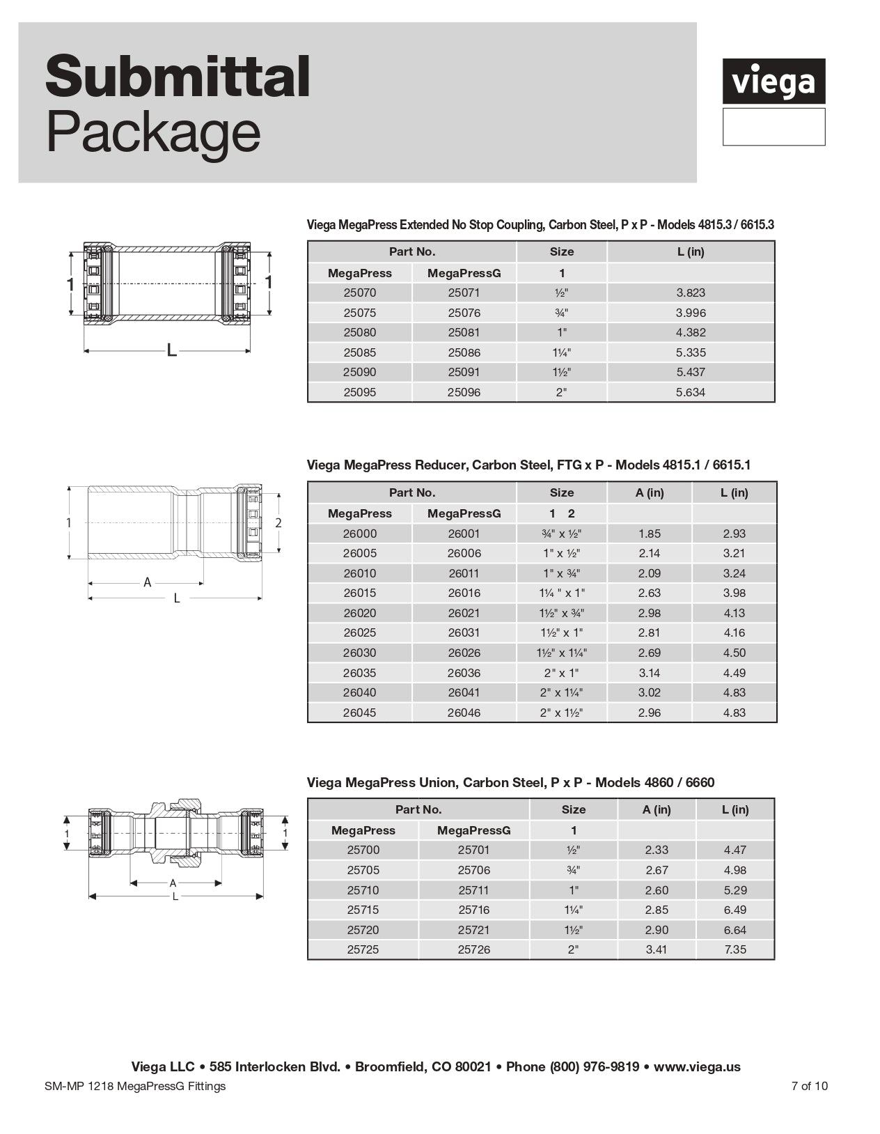 Viega 25726 MegapressG 2 Inch Gas Union, Spec Sheet