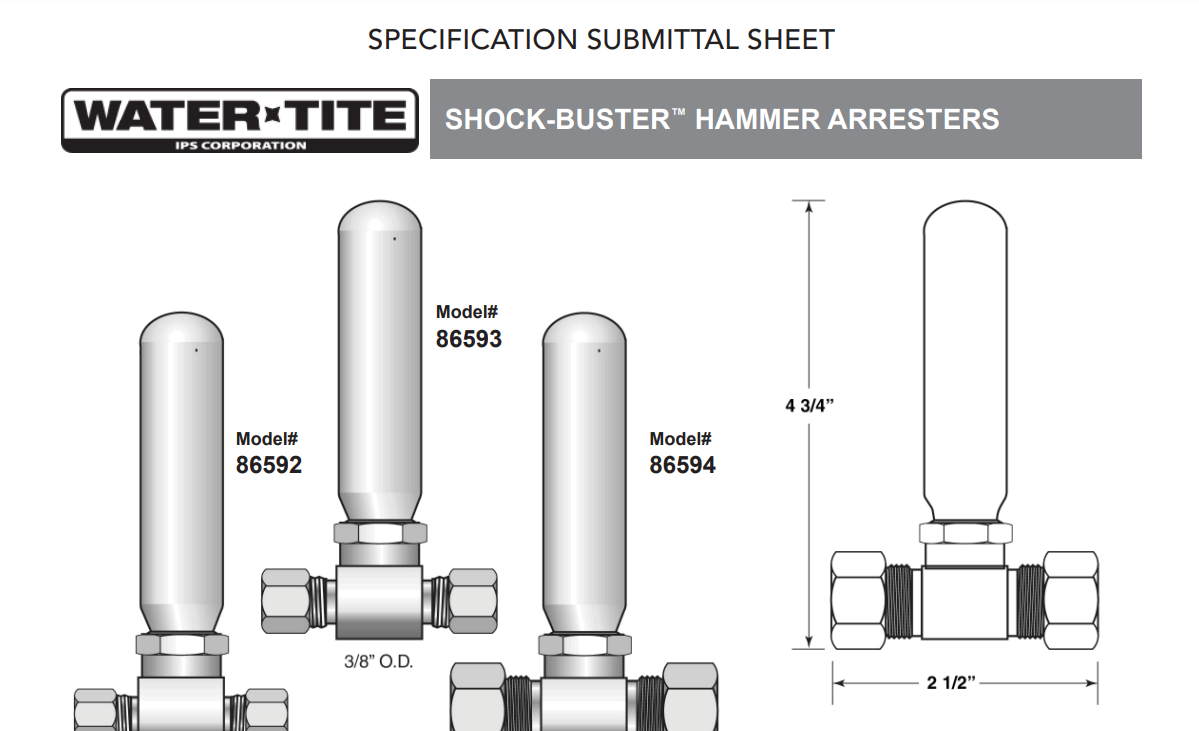 Water Tite 86592 Shock Buster™ Compression Copper Water Hammer Arrestor, Specs Sheet